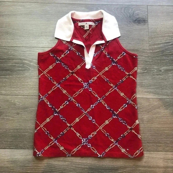 Vintage 2005 Tommy Hilfiger Red Chain Link V-neck Collared Tank Top Size Small - Picture 2 of 11